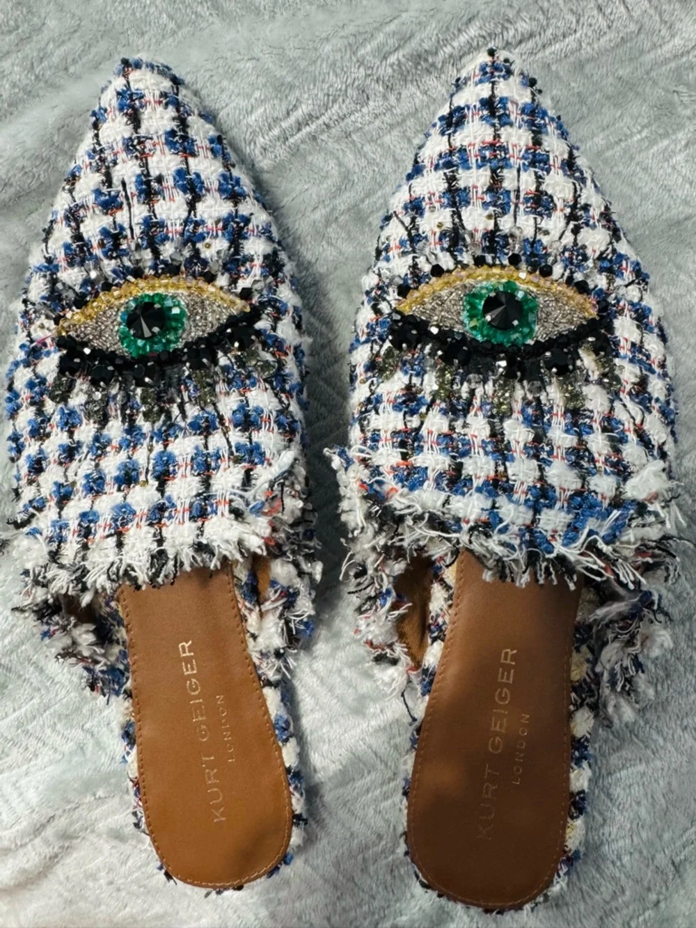 Kurt Geiger London Tweed Evil Eye Mule Flats Pointed Toe EU 42 Designer Slip On - Picture 3 of 11